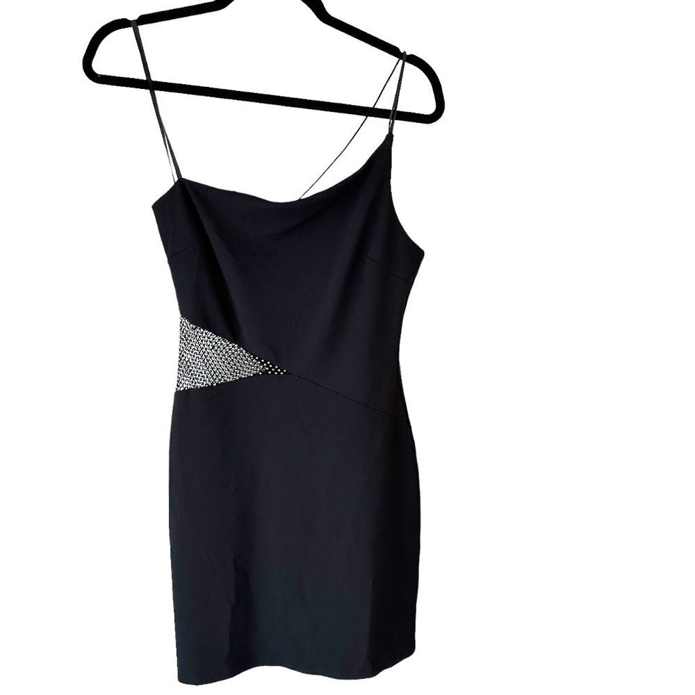 NWOT B. Darlin One Shoulder Black Dress Rhinestone Cut-Out at Waist 9/10